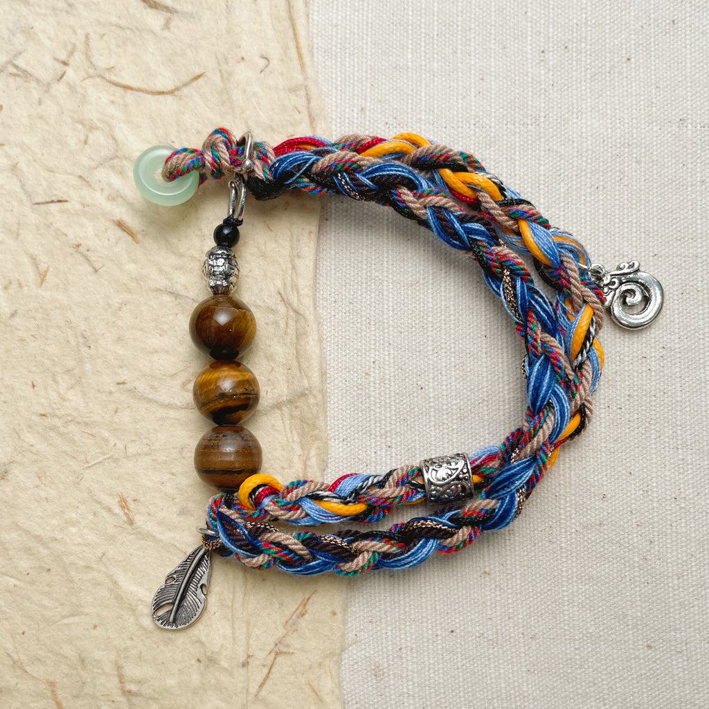 Handmade multicolor braided bracelet with tiger eye and jade stones, boho chic jewelry