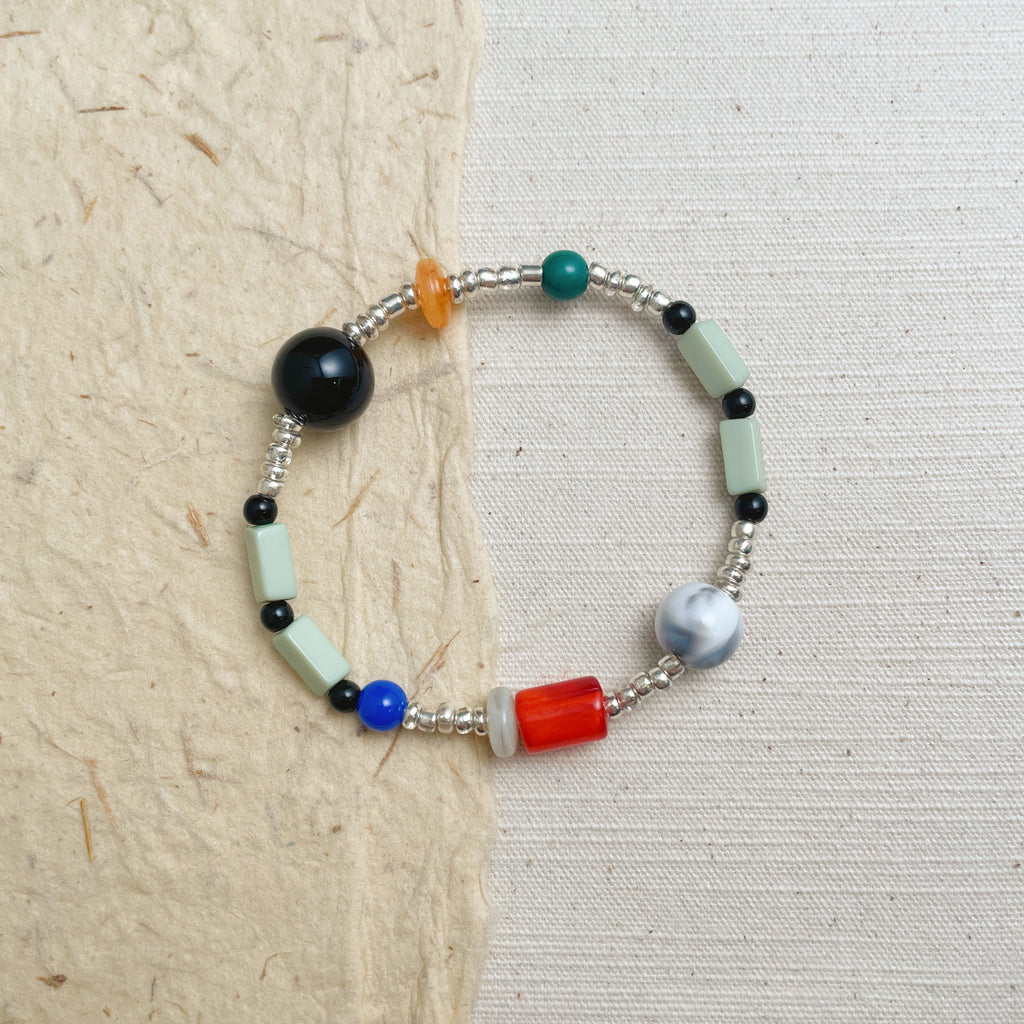 Handmade colorful beaded bracelet with bold shapes, boho soul jewelry.