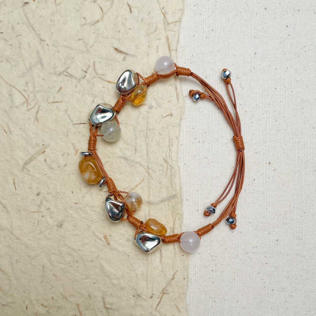 Handmade brown cord gemstone bracelet with natural beads, earthy boho jewelry.