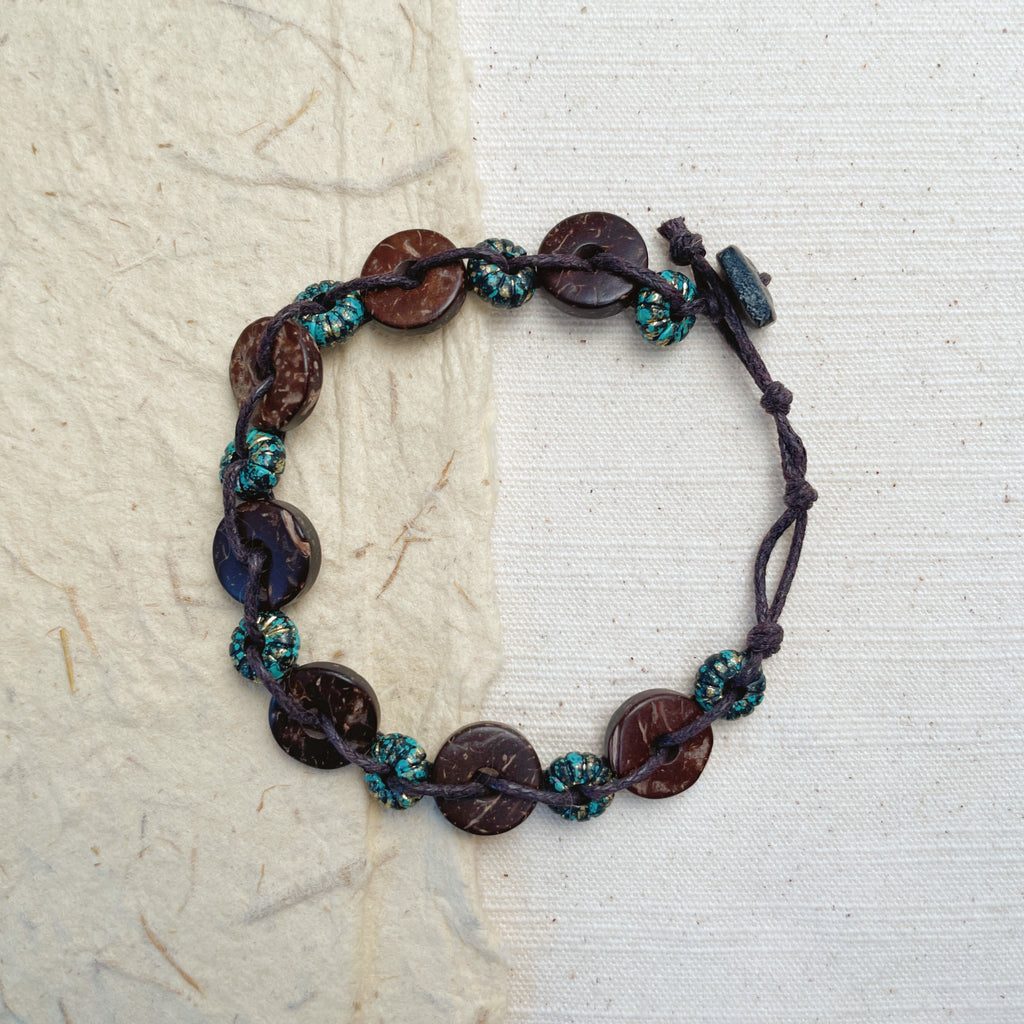 Handmade coconut shell bead bracelet, natural brown eco jewelry.
