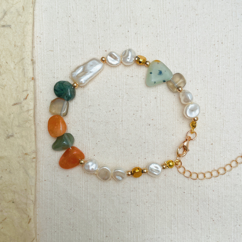 Handmade natural stone and pearl bracelet, earthy boho gold accent jewelry.