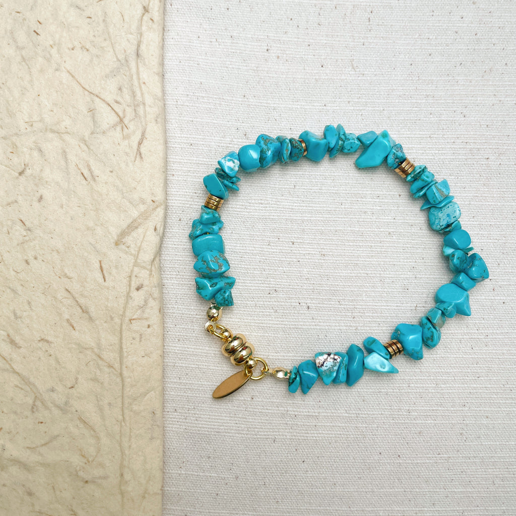 Handmade turquoise chip beaded bracelet with gold spacers, natural stone boho jewelry.