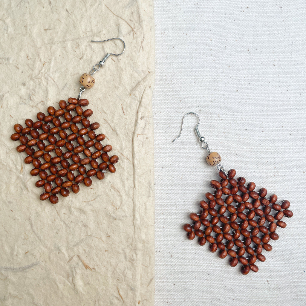 Handmade woven wood bead earrings, geometric boho diamond statement jewelry.